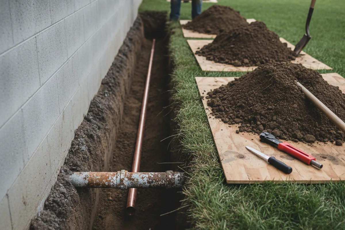 Excavated water line trench during Water Heater Repair in Chapin